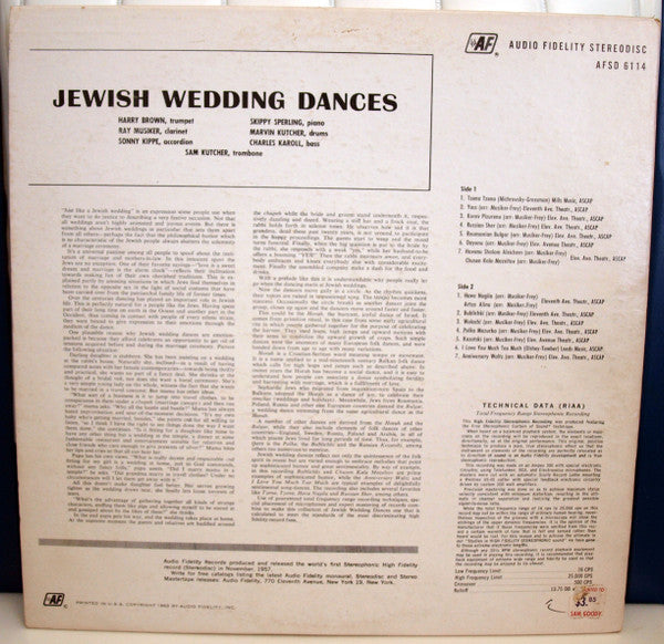 Harry Brown (18), Ray Musiker, Sonny Kippe, Skippy Sperling, Marvin Kutcher, Charles Karoll, Sam Kutcher : Tzena Tzena, Hava Nagila And Other Wedding Dances (LP, Album, Sil)